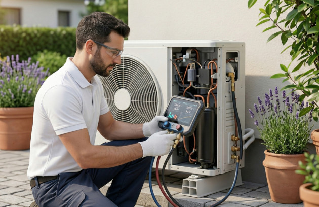 Technicien réalisant la maintenance d’une unité extérieure de climatisation réversible