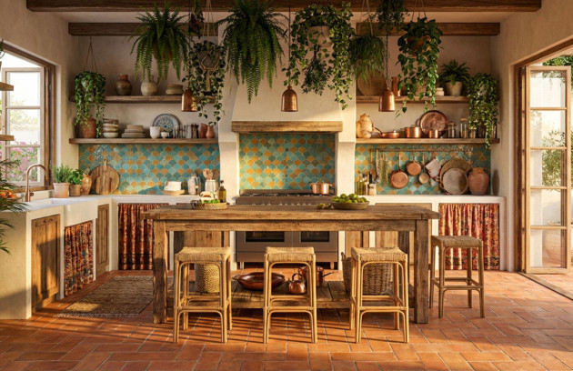Cuisine chaleureuse avec carrelage au sol effet terre cuite et faïence murale décorative aux motifs colorés, meubles en bois et étagères végétalisées, illustrant le choix du carrelage et de la faïence en cuisine.