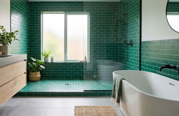 Salle de bains contemporaine avec carrelage mural vert type métro et carrelage sol assorti, douche à l’italienne vitrée, baignoire îlot blanche et meuble vasque en bois, illustrant le choix du carrelage et de la faïence en pièce humide.