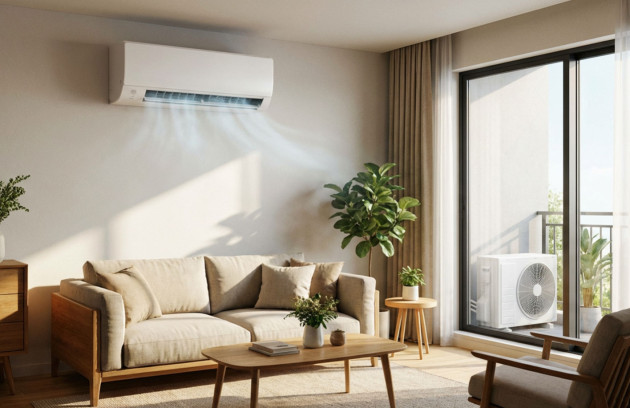 Climatisation réversible murale en fonctionnement dans un salon moderne avec unité extérieure sur balcon, diffusion d’air frais et confort thermique optimal en intérieur