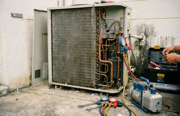Unité extérieure de climatisation ouverte avec circuit frigorifique visible, intervention d’un technicien avec manomètres et pompe à vide pour diagnostic, réparation ou recharge en fluide frigorigène.