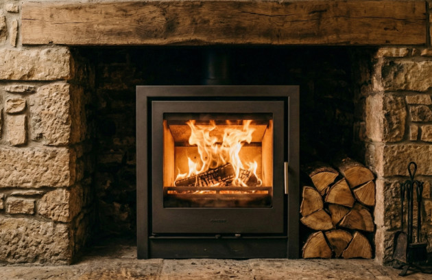 Insert de cheminée moderne installé dans une ancienne cheminée en pierre