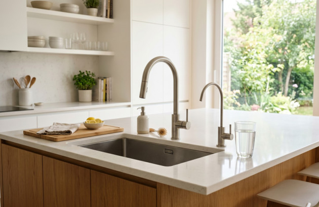 Robinet dédié à l'eau filtrée dans une cuisine moderne.