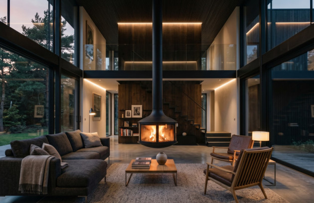 Intérieur moderne avec poêle à bois suspendu central et espace de vie lumineux.