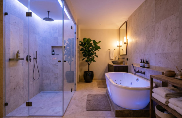 Salle de bains avec douche et baignoire balnéo équipées d’un éclairage bleu de chromothérapie.
