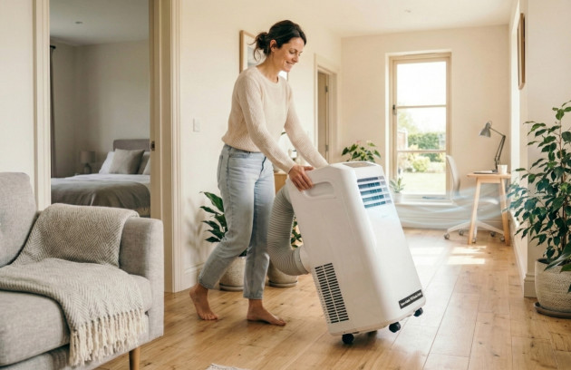 Utilisation d’une climatisation mobile avec tuyau d’évacuation installé près d’une fenêtre ouverte