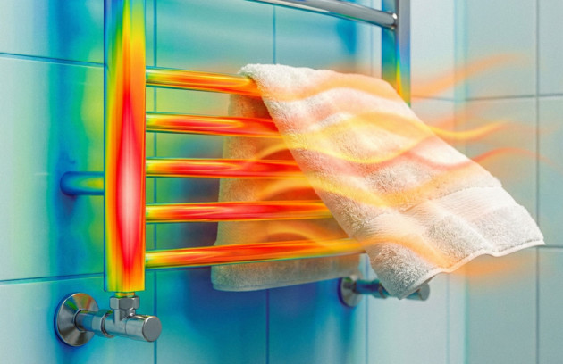 Sèche-serviettes en fonctionnement avec circulation de chaleur visualisée, séchage rapide des serviettes et diffusion homogène de la chaleur dans la salle de bains.