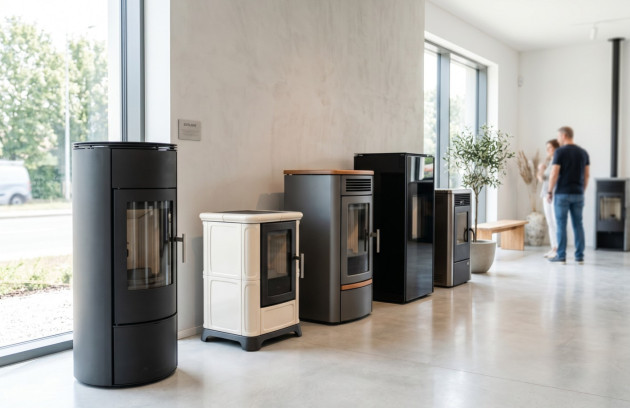 Différents modèles de poêles à granulés exposés en showroom.