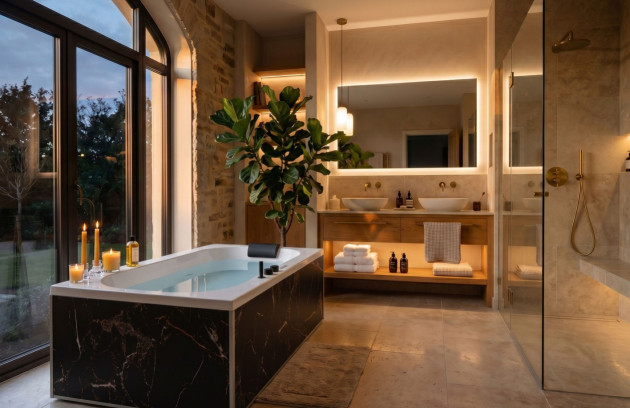 Salle de bains haut de gamme avec baignoire balnéo, double vasque et douche à l’italienne.