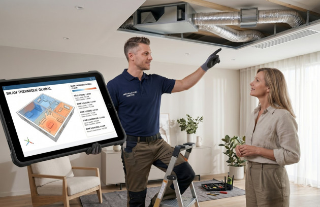 Technicien présentant une étude thermique pour installer une climatisation gainable dans une maison