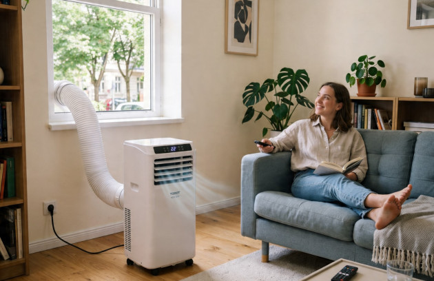 Climatiseur mobile avec gaine d’évacuation installé dans un salon près d’une fenêtre.