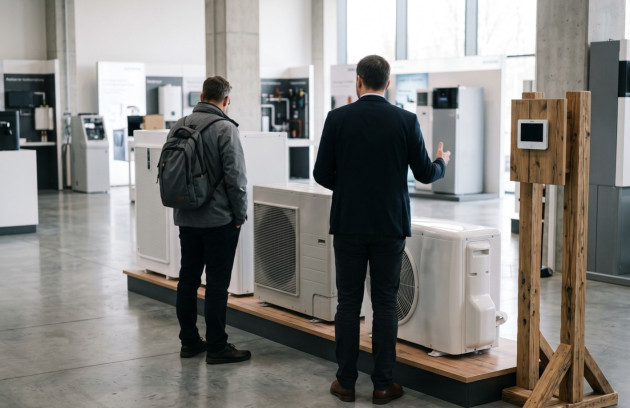 Présentation de différents modèles de pompes à chaleur dans un showroom spécialisé.