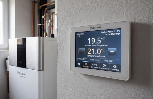 Thermostat connecté pilotant une pompe à chaleur air-eau dans une maison