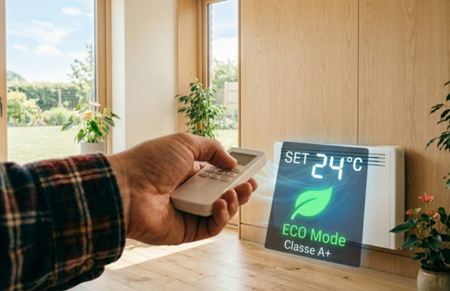 Réglage d’un radiateur électrique avec télécommande en mode éco à 24 °C, illustrant la gestion de la consommation d’énergie et l’optimisation du confort thermique.