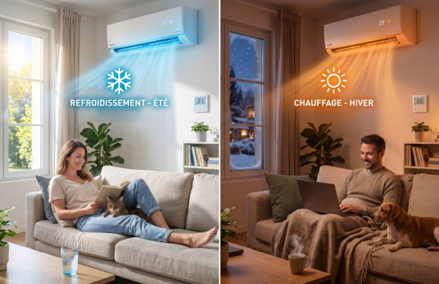 Climatisation réversible illustrant le refroidissement en été et le chauffage en hiver dans un salon.