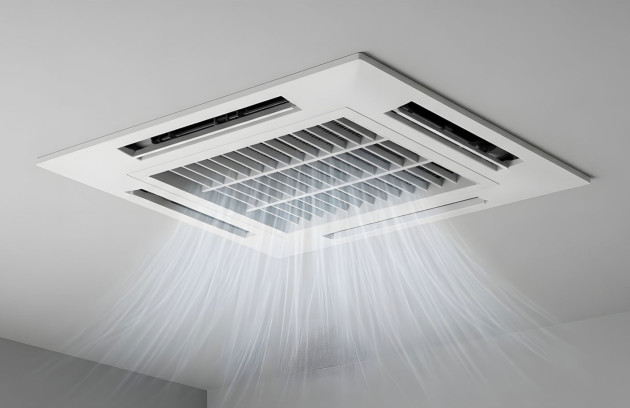 Unité intérieure de climatisation gainable au plafond diffusant un flux d’air pour rafraîchir la pièce.