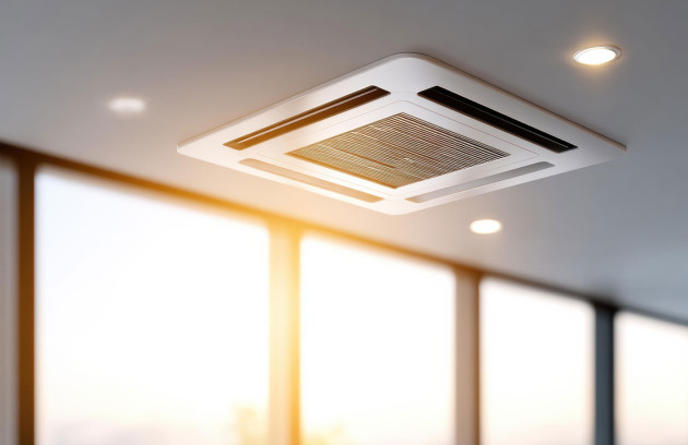 Grille de diffusion d’air d’une climatisation gainable dans un plafond de bureau, solution de climatisation invisible.