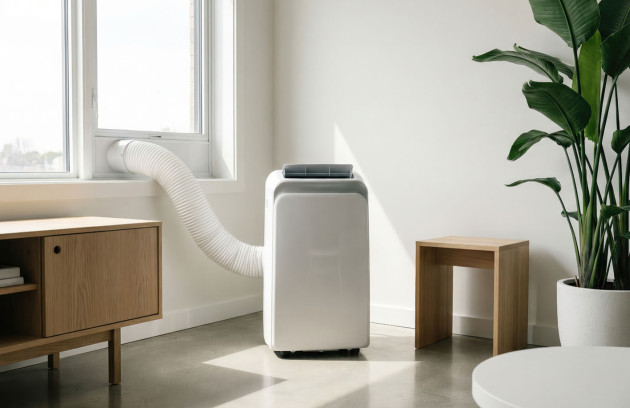Climatiseur mobile avec tuyau d’évacuation raccordé à une fenêtre, installation dans une pièce claire.