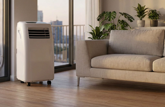 Gros plan d’un climatiseur mobile monobloc à roulettes installé près d’un canapé, intérieur moderne.