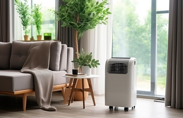 Climatiseur mobile sans tuyau visible dans un salon, près d’un canapé et de grandes baies vitrées.