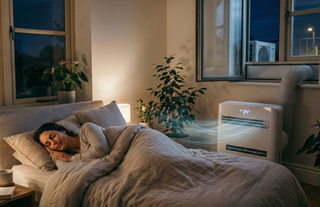 Femme endormie dans une chambre fraîche avec climatiseur mobile silencieux réglé à 24°C et gaine d’évacuation vers la fenêtre ouverte.