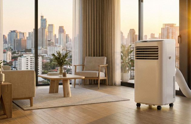 Climatiseur mobile avec tuyau d’évacuation visible, placé dans un séjour avec vue urbaine.