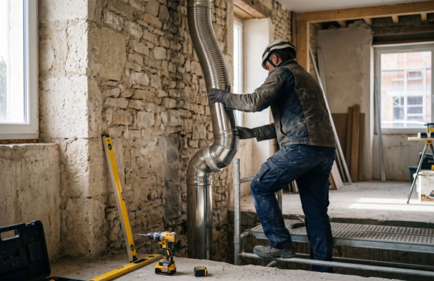Artisan installant le conduit d’évacuation d’un poêle dans une maison en rénovation.