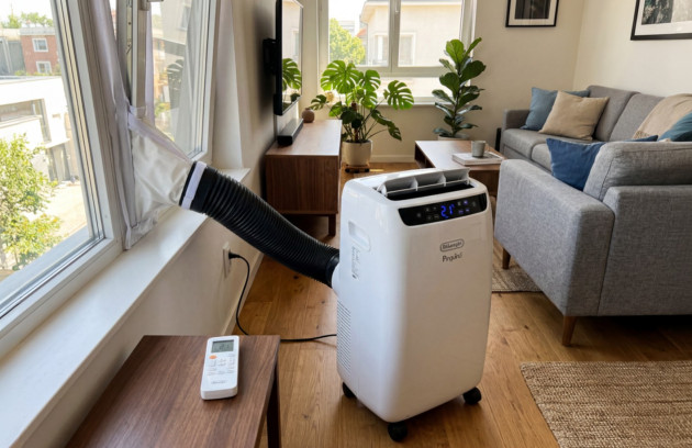 Climatiseur mobile dans un salon d’appartement avec gaine d’évacuation installée à la fenêtre.