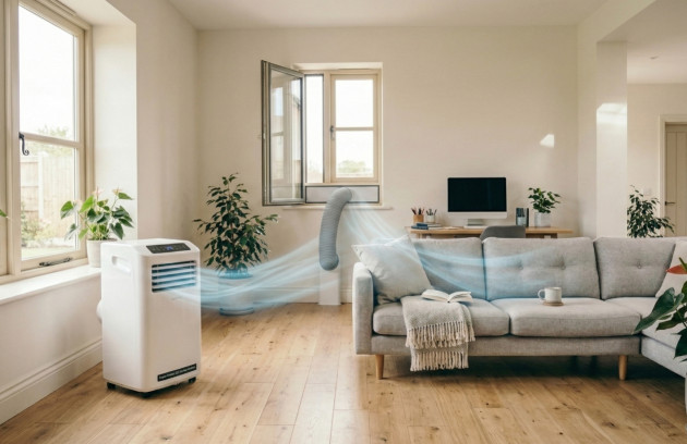 Climatiseur mobile installé dans un salon lumineux avec gaine d’évacuation à la fenêtre et diffusion d’air frais dans la pièce.