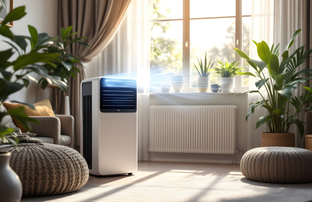 Climatiseur mobile diffusant de l’air frais dans un salon cosy, lumière et plantes d’intérieur.