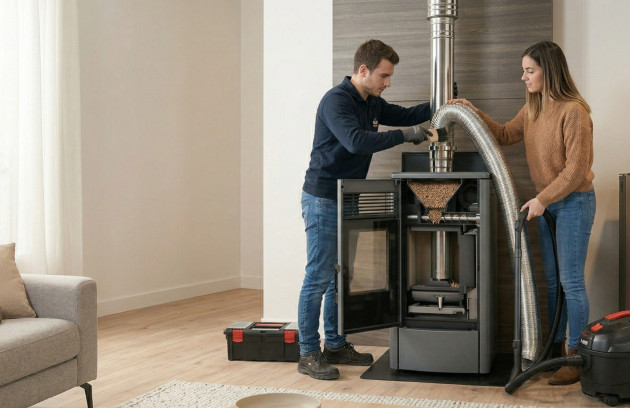 Techniciens installant et entretenant un poêle à granulés ouvert