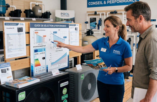 Client conseillé en showroom pour choisir une pompe à chaleur piscine avec comparaison des performances, COP, consommation et différents modèles exposés.