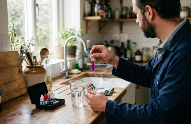 Professionnel réalisant un test de la qualité et de la dureté de l’eau du robinet.