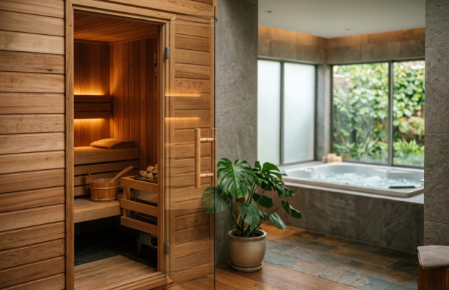 Espace bien-être intérieur associant un sauna en bois et un spa encastré près de grandes baies vitrées.