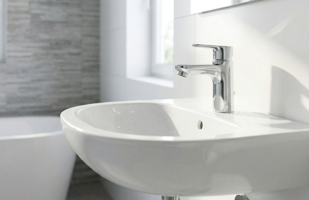 Lavabo blanc avec robinet chromé brillant dans une salle de bains propre et lumineuse.