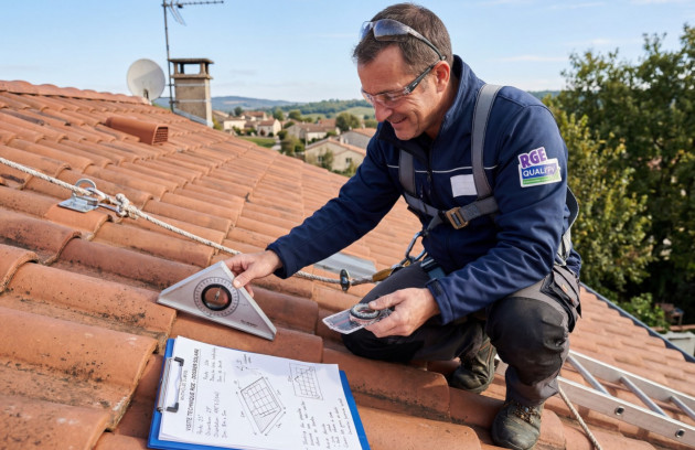 Installateur RGE mesurant l’orientation et l’inclinaison d’une toiture pour panneaux solaires.