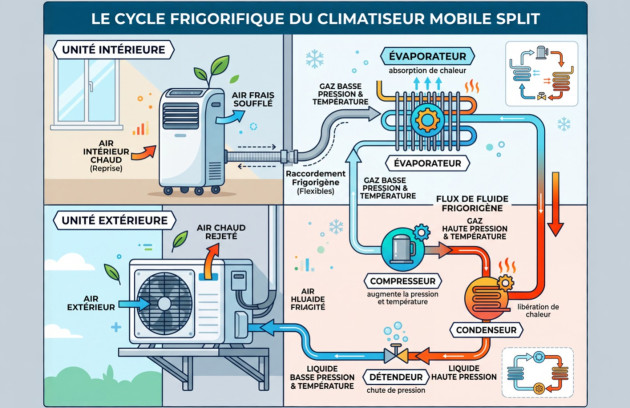 Schéma du cycle frigorifique d’un climatiseur mobile split