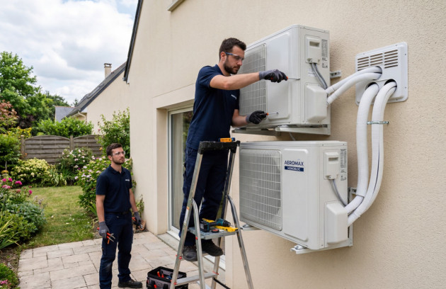 Installation extérieure de climatiseurs monobloc muraux avec liaisons traversant la façade d’une maison.
