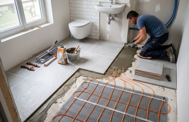 Pose d’un plancher chauffant électrique sous un carrelage de salle de bains.