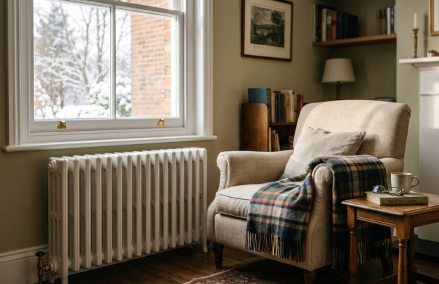 Radiateur en fonte sous une fenêtre dans un salon.