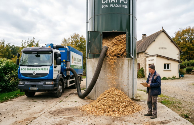 Livraison de plaquettes forestières dans un silo de stockage pour chaudière biomasse