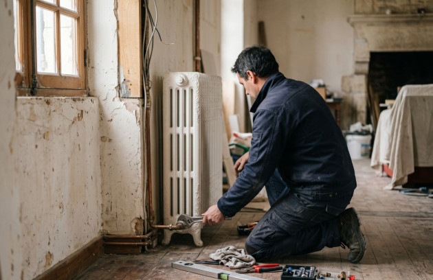 Artisan intervenant sur un radiateur lors de travaux de rénovation du système de chauffage.