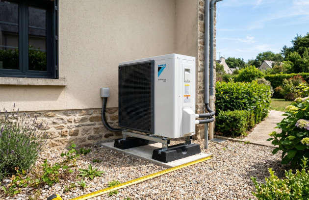 Unité extérieure d’une pompe à chaleur air-eau installée à proximité d’une maison.