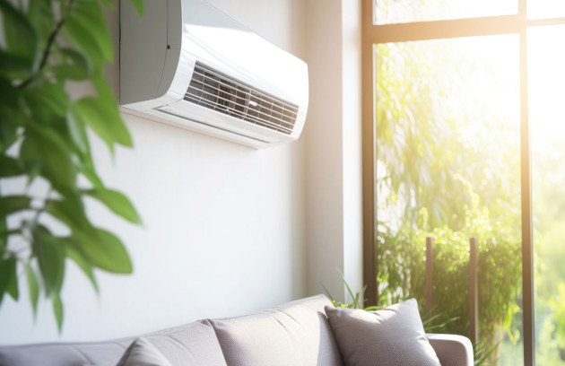 Climatisation murale installée dans un salon lumineux, diffusion d’air frais près d’une baie vitrée ensoleillée, illustration d’un bon réglage de clim pour un confort thermique optimal et une consommation d’énergie maîtrisée.