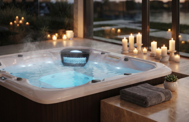 Spa avec eau chauffée et éclairage intégré dans une ambiance relaxante aux bougies.