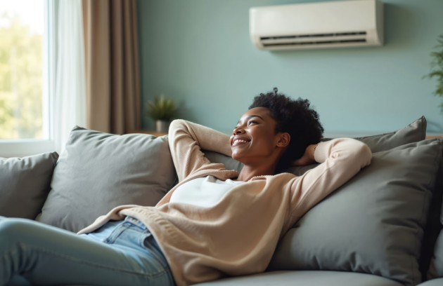 Climatisation murale réversible installée dans un salon lumineux, femme détendue sur canapé profitant d’un réglage optimal de clim pour un confort thermique maîtrisé et une consommation d’énergie réduite.