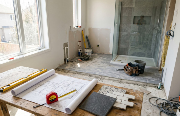 Salle de bains en rénovation avec installation d’un espace douche vitré.