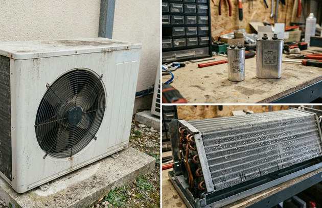 Unité extérieure de climatisation avec ventilateur, condensateurs électriques de remplacement sur établi et évaporateur démonté illustrant l’entretien et la réparation d’un système de climatisation.