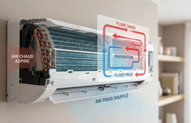 Schéma du fonctionnement d’une climatisation réversible avec évaporateur et fluide frigorigène montrant la condensation, l’air chaud aspiré et l’air froid soufflé dans une unité murale intérieure.