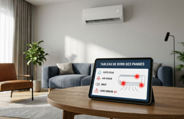 Climatisation murale dans un salon avec écran affichant des pannes courantes de climatisation comme fuite d’eau, air chaud, bruit et code erreur E4 pour diagnostic du système.